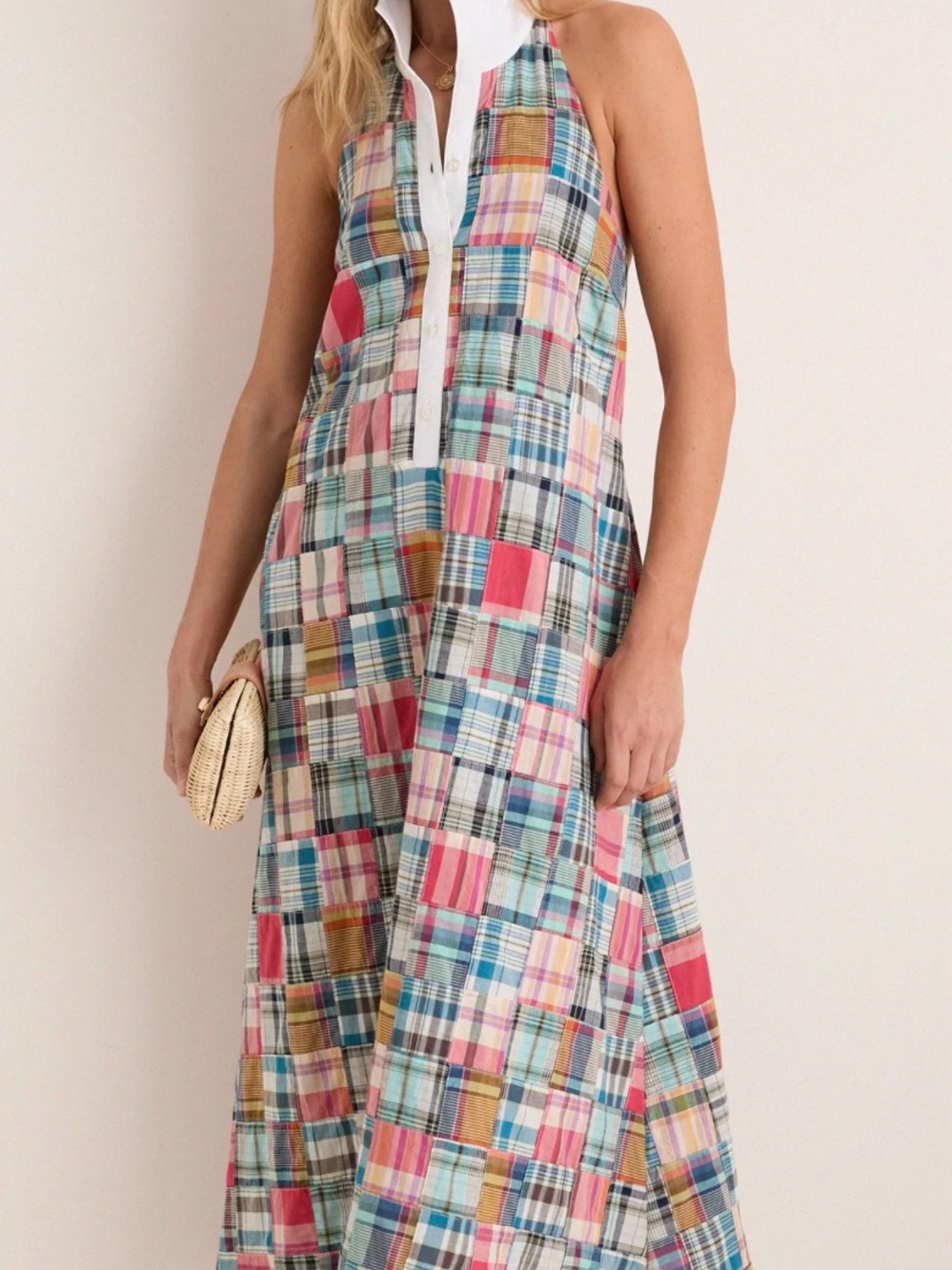 Tuckernuck Multicolor Patchwork Halter Maxi Dress in Pink, Blue, Green, Tan